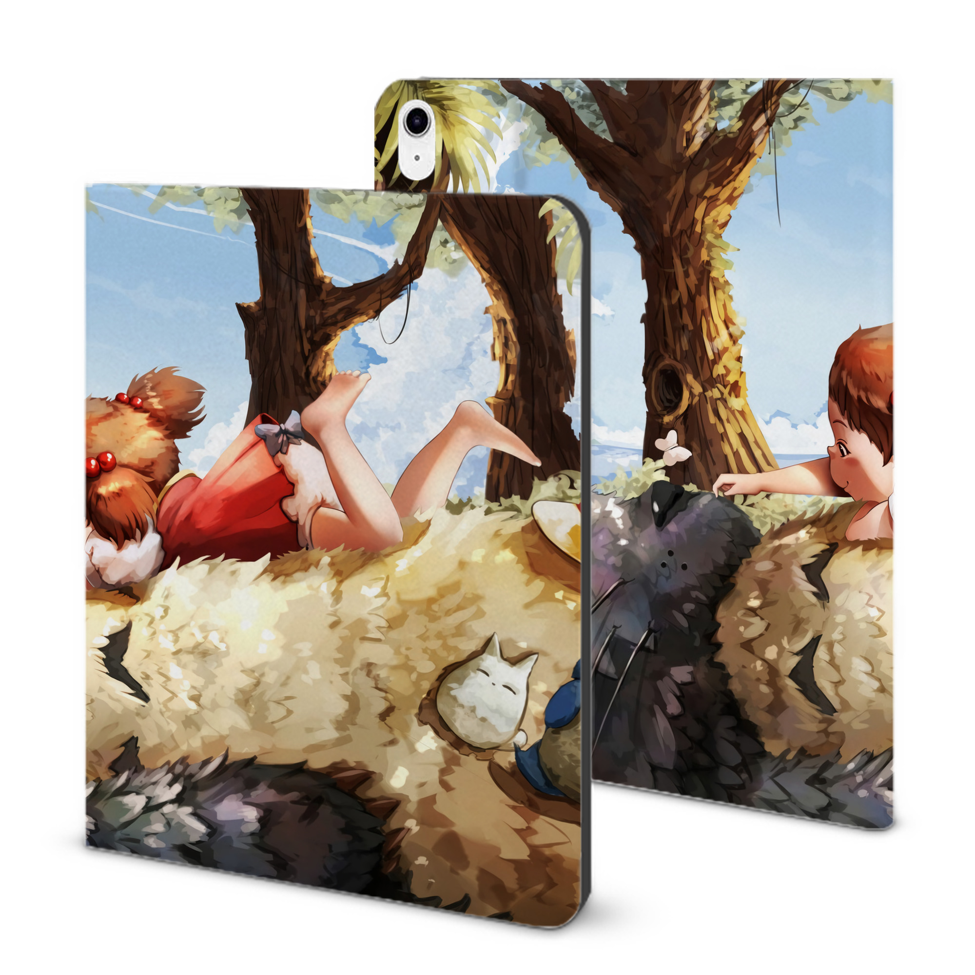 （画像用） となりのトトロ 草壁メイ 草壁サツキ My Neighbor Totoro Satsuki Kusakabe Mei Kusakabe IPad ケース ブック型 PUレザー TPU 耐衝撃 軽量 薄型 ペン収納なし 全面保護 IPad 各モデル対応